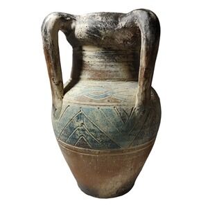 Vintage Handspun Native Vase Clay Pottery‎ Stoneware Etched Four Handle 9.5 Inch